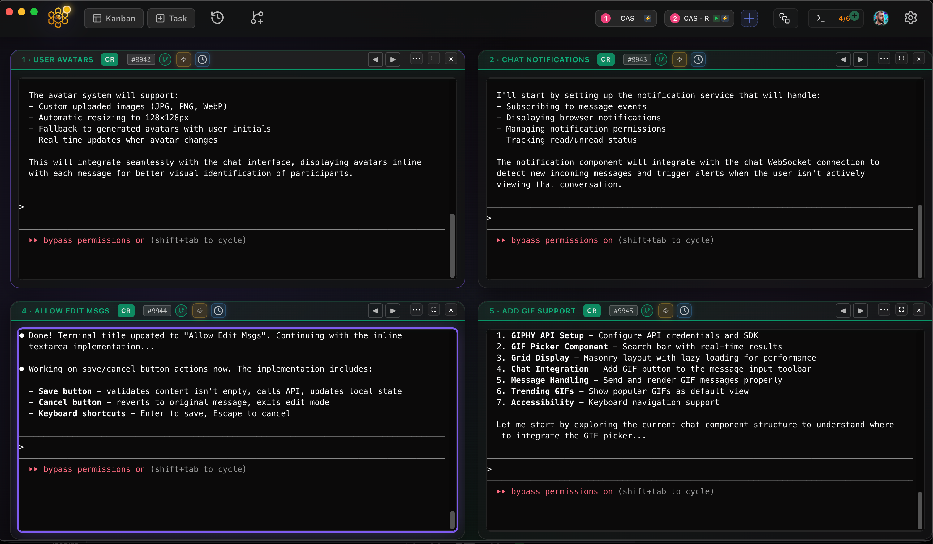 Grid view of multiple Claude Code terminals working in parallel